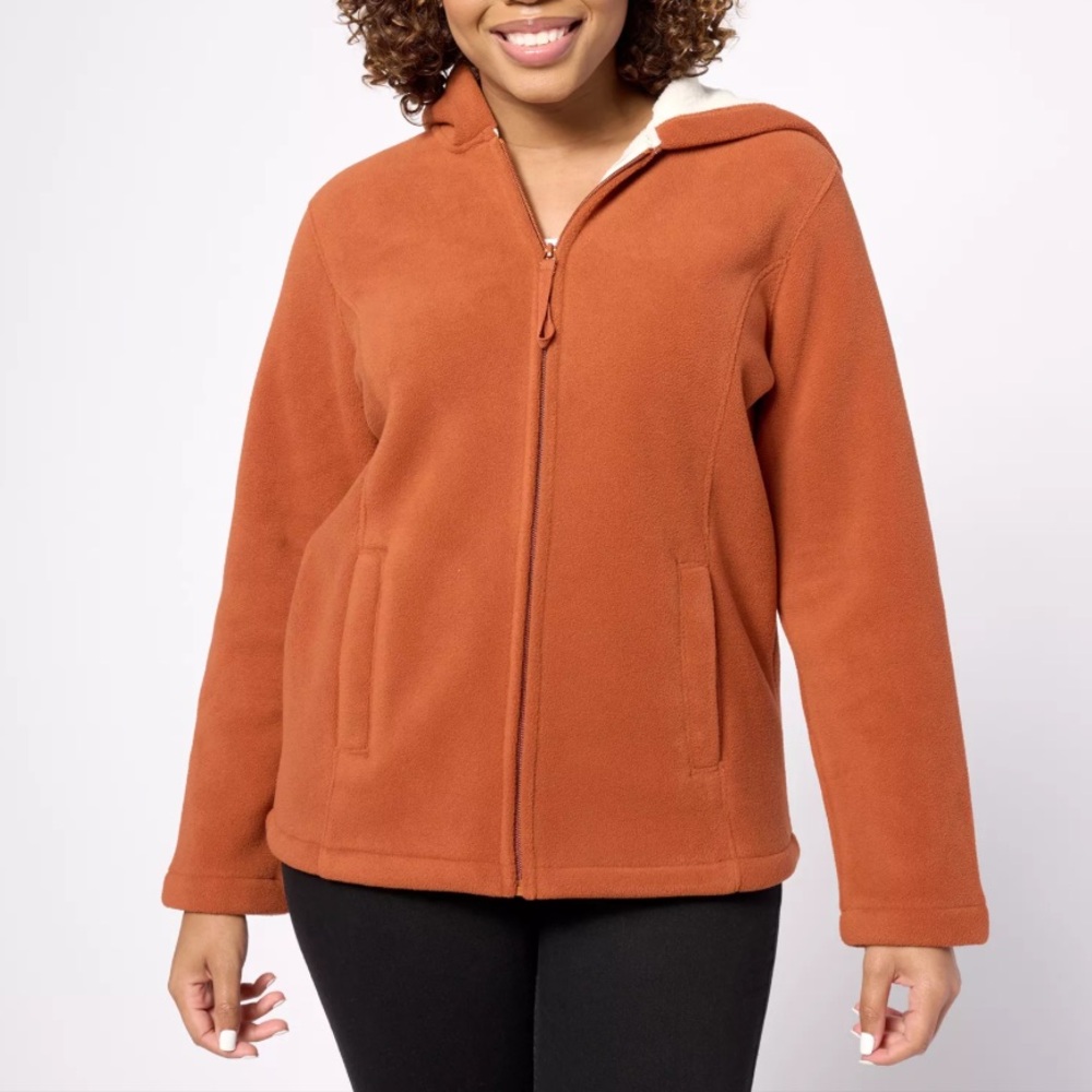 Denim & Co. Rust Zip Front Fleece Jacket with Hood and Sherpa Lining size 3X
